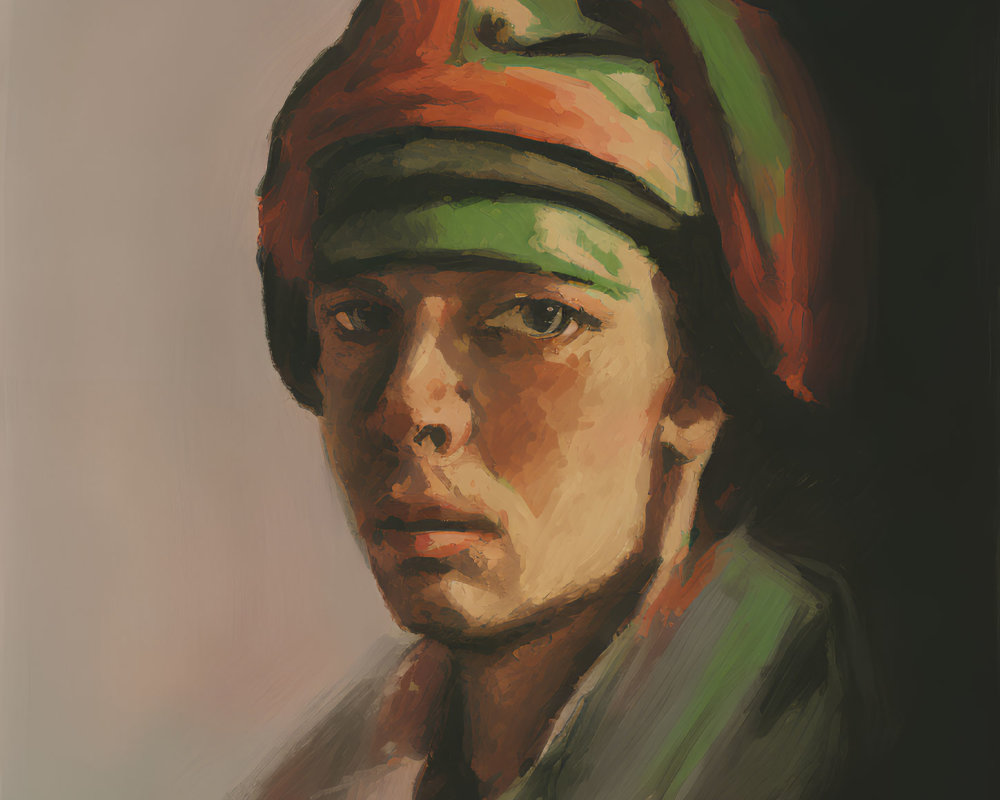 Intense gaze portrait with person in red beanie.