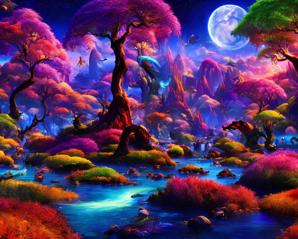 Colorful Fantasy Landscape with Full Moon, Starry Sky, and Serene River