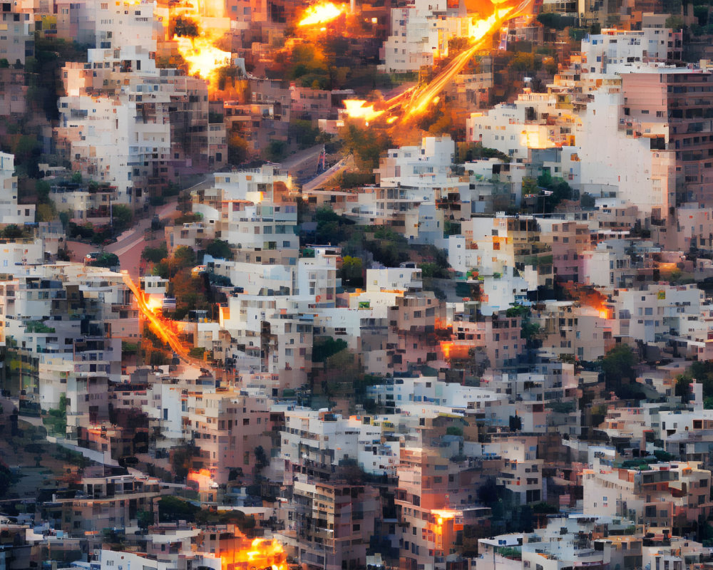 Densely packed cityscape at dusk with fiery trails on buildings