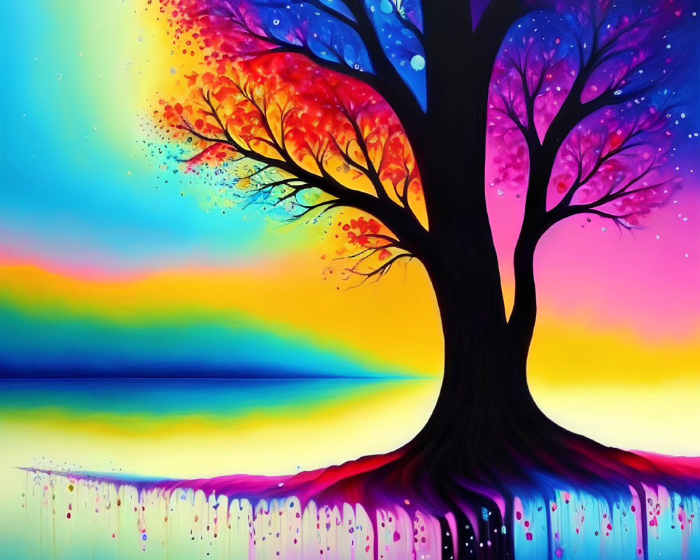 Colorful Tree Painting with Rainbow Sky and Dripping Paint Effect