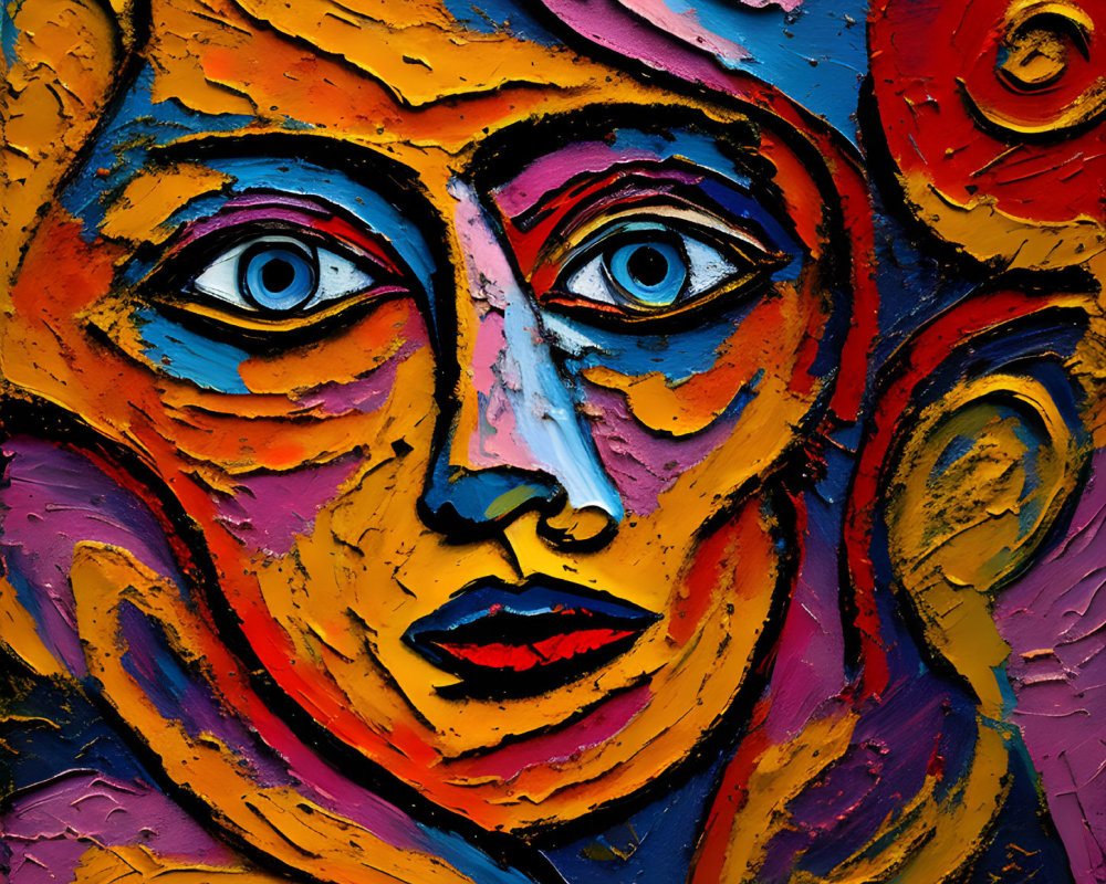 Vibrant abstract portrait with exaggerated features in bold colors