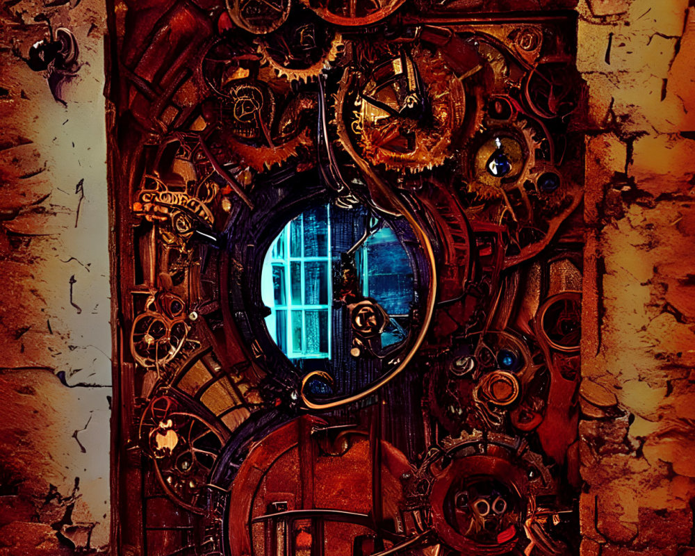 Steampunk-style door with gears in brick wall emitting blue light