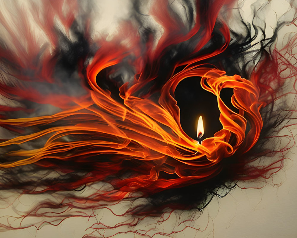 Dynamic Abstract Artwork with Fiery Orange, Red, and Black Hues