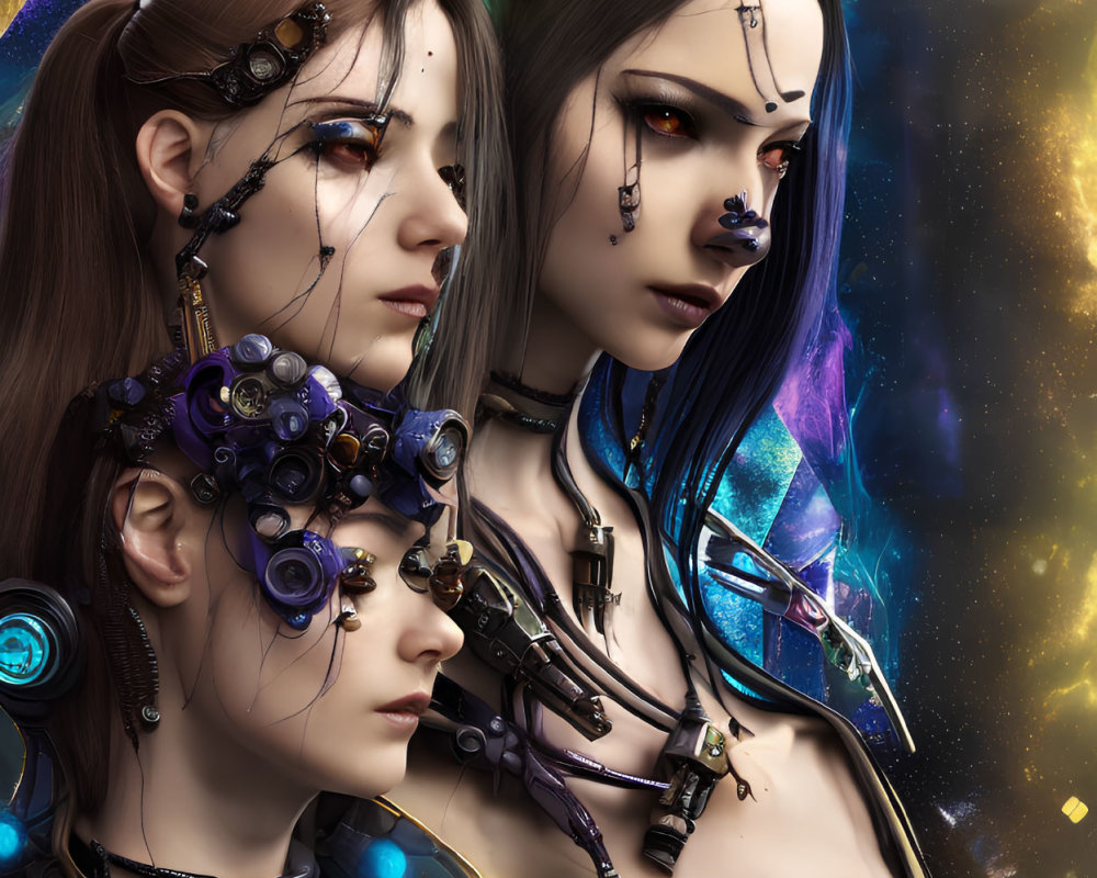 Futuristic women with cybernetic enhancements in cosmic setting