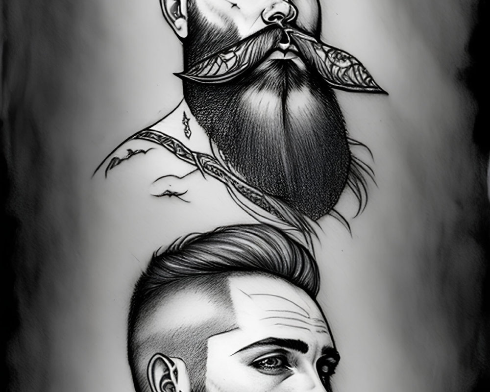 Detailed monochrome illustration of a bearded man with neck tattoos, front and side profile, featuring a