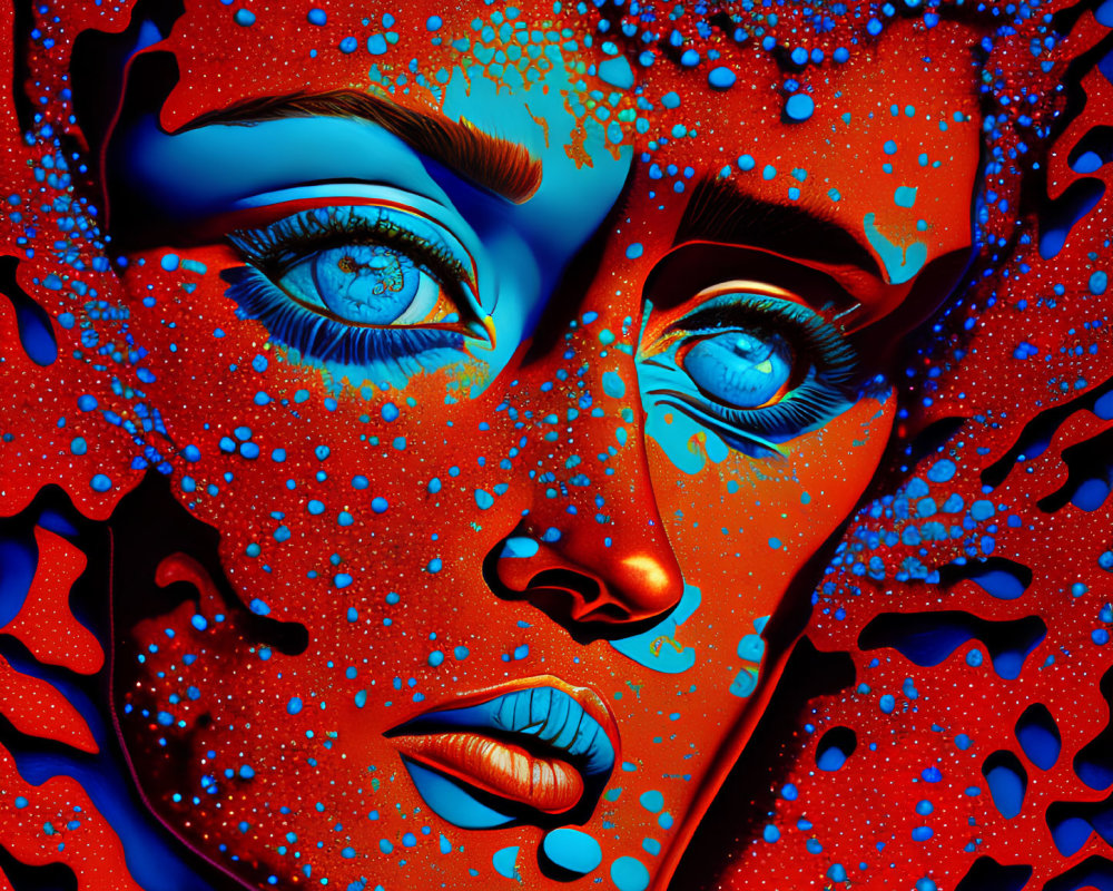 Colorful digital artwork of woman's face with blue eyes on red background