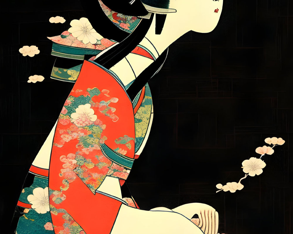 Traditional Japanese attire woman with cherry blossoms illustration