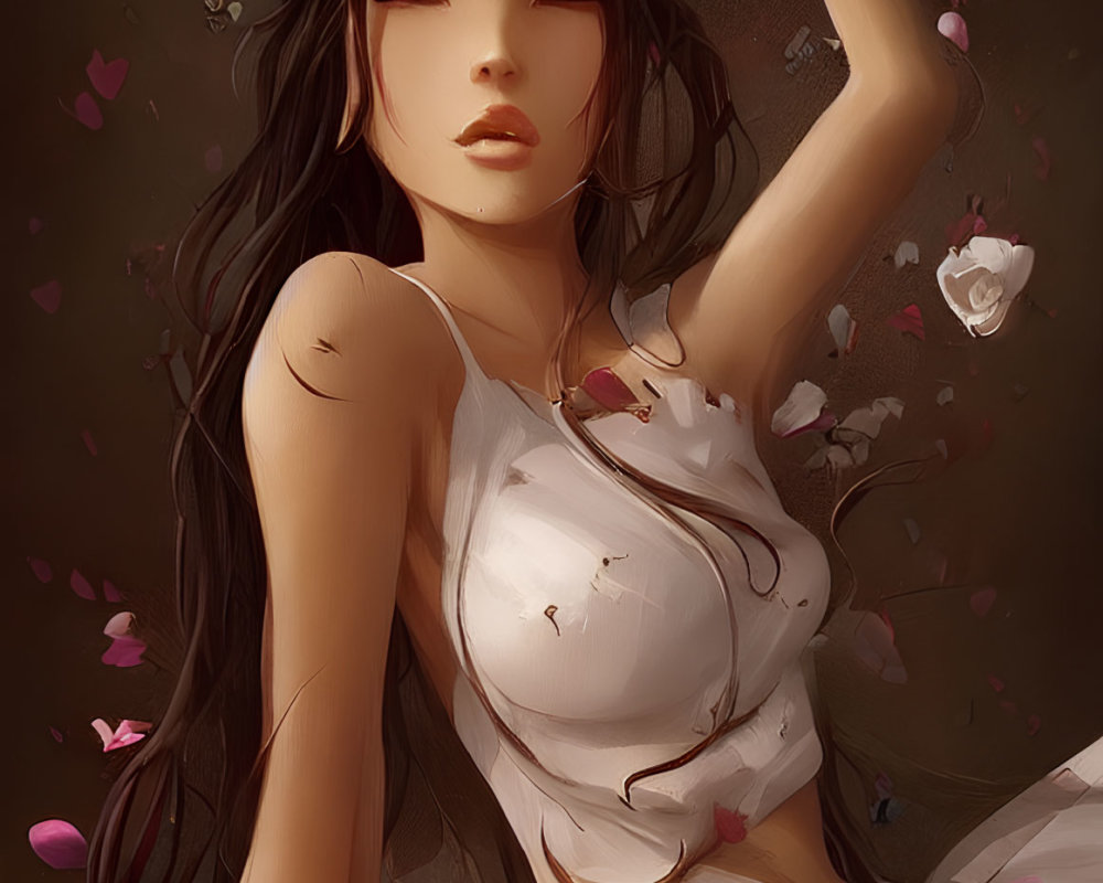 Digital illustration: Woman with long hair and hat in white outfit, pink petals surround her