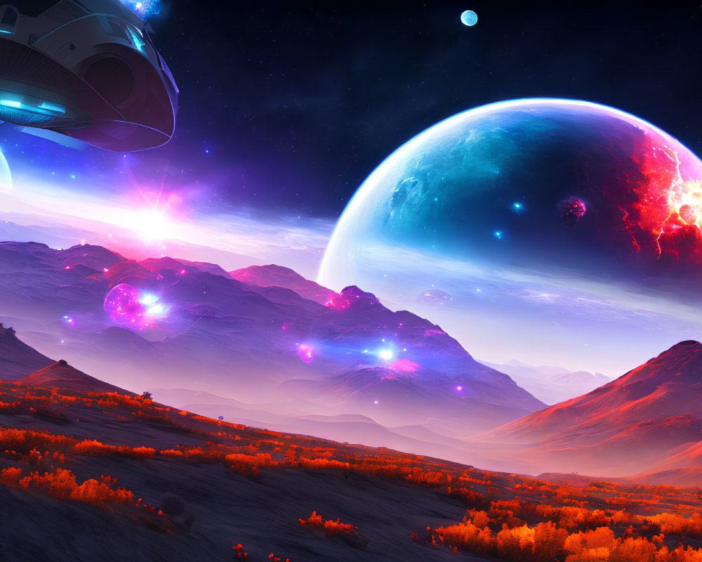 Colorful sci-fi landscape with spaceship, alien world, purple foliage, distant planets, starry sky