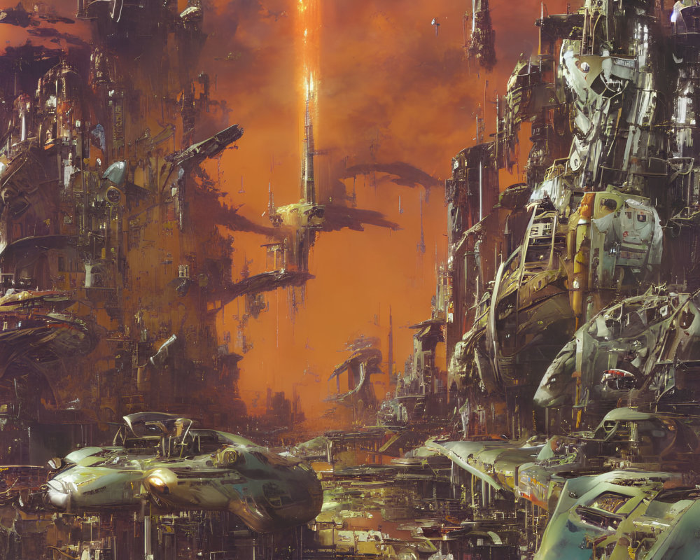 Dystopian cityscape with towering structures and flying ships under a fiery sky