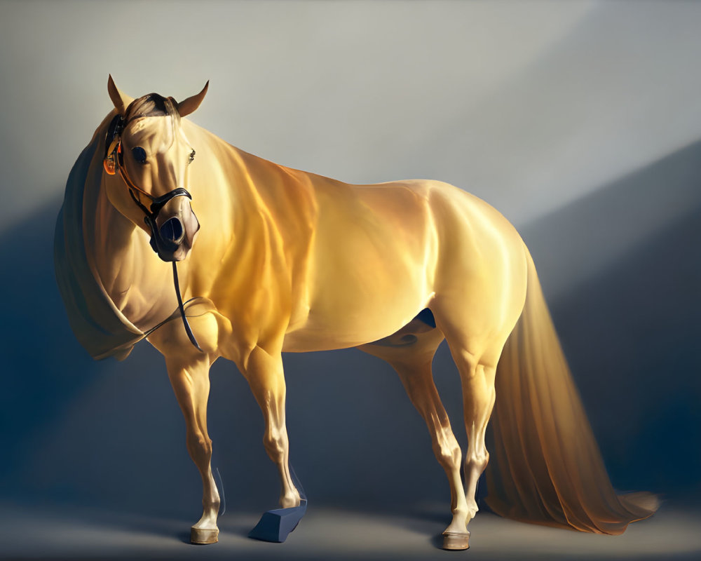 Golden horse digital art: Dramatic regal mane & shadows