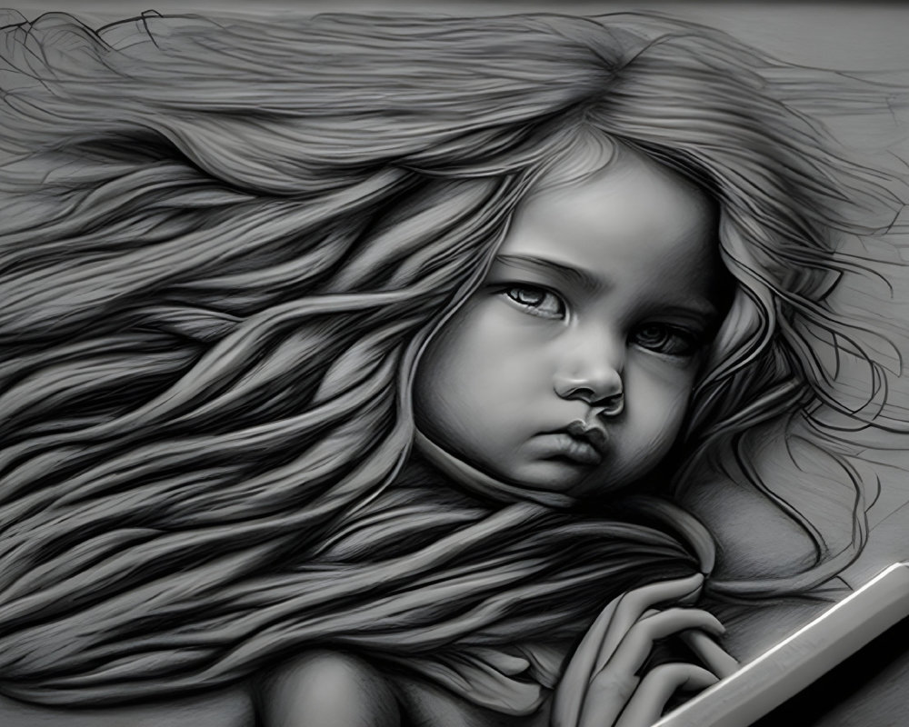 Monochrome digital artwork: young girl with flowing hair, somber expression, holding a book
