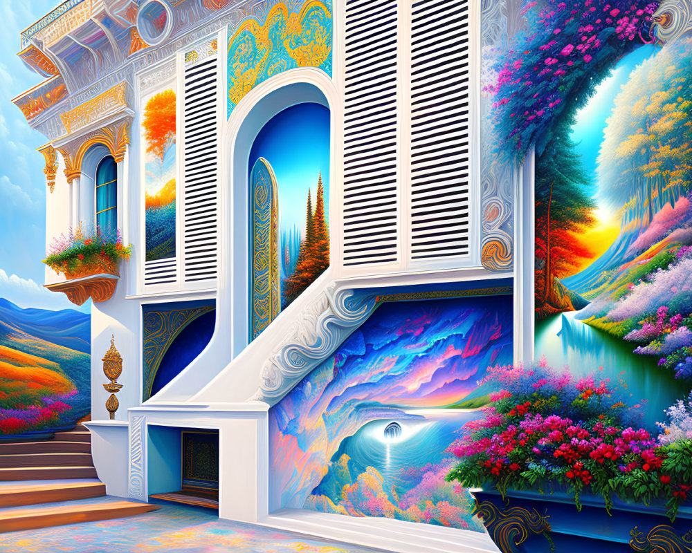 Vibrant surreal landscapes through arches and windows: colorful skies, mountains, flora, water bodies