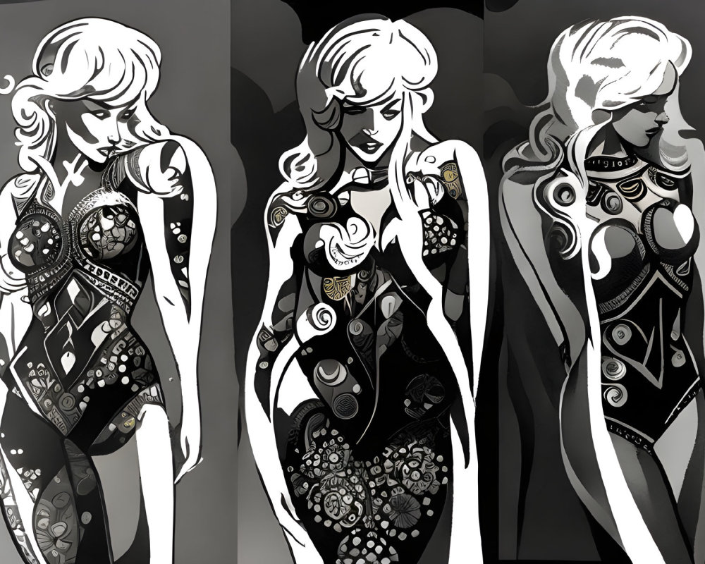 Stylized Monochromatic Triptych of Woman with Patterns