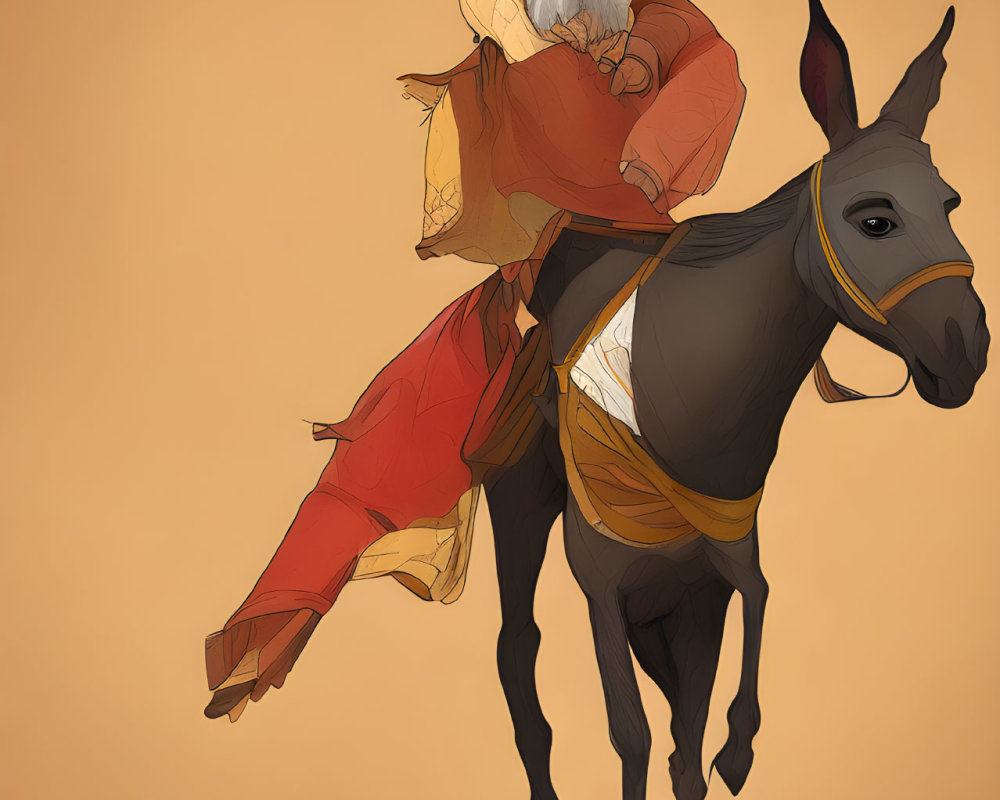 Elderly Man with Beard Riding Donkey in Red and Gold Robe