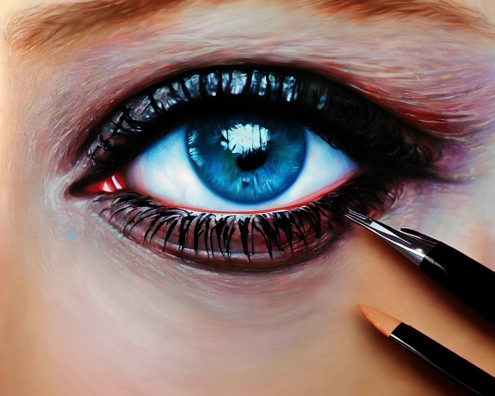Vivid blue eye with dramatic makeup in close-up view