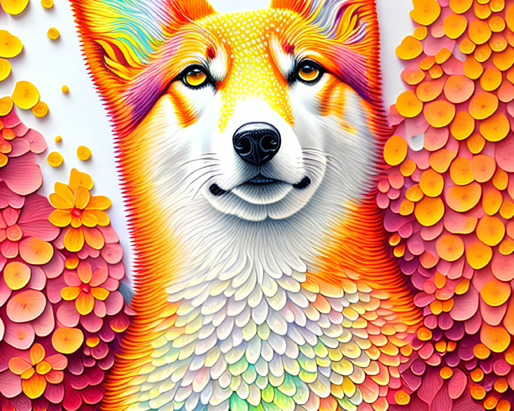 Colorful Fox Face Illustration Surrounded by Stylized Petals