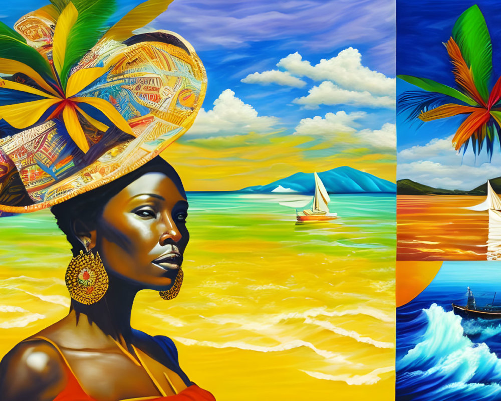 Colorful Collage of Woman, Landscapes, Sailboats, and Palm Fronds
