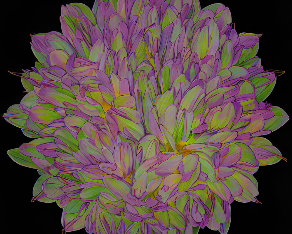 Symmetric floral digital art with purple, pink, and green petals on black.