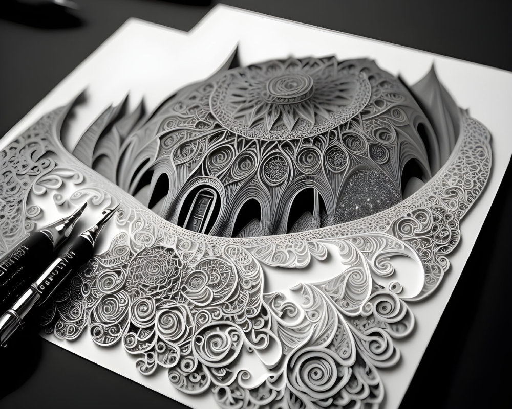 Detailed Black and White 3D Illustration of Ornate Architectural Dome with Drawing Pens