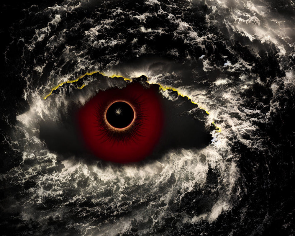 Surreal image of giant red eye in swirling dark clouds