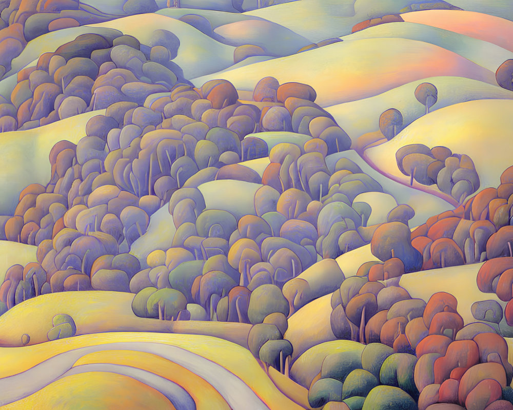 Vibrant Stylized Painting of Rolling Hills and Trees