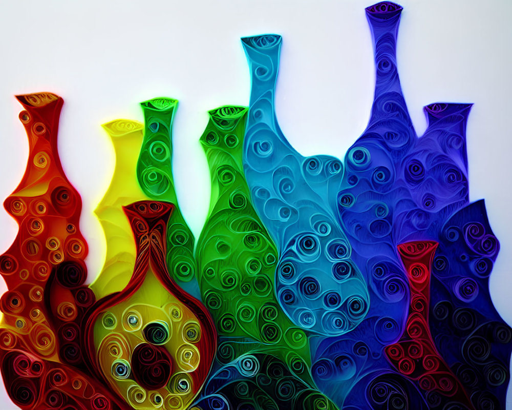 Vibrant abstract paper quilling art of colorful vases