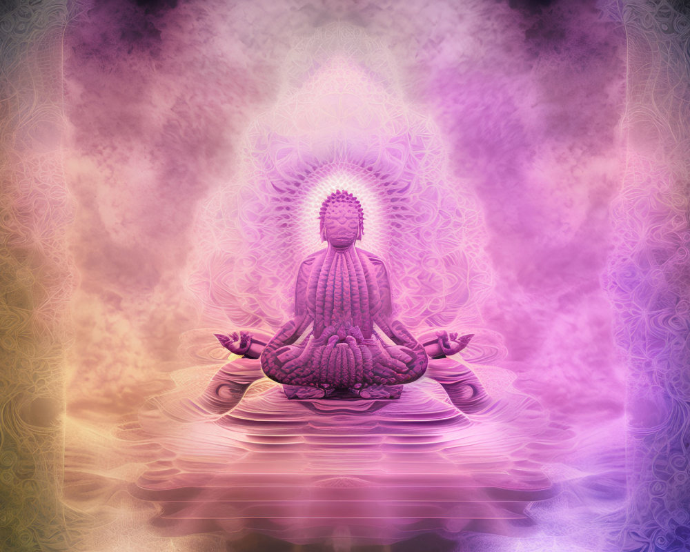 Purple Meditating Buddha Statue Graphic on Serene Ornamental Background