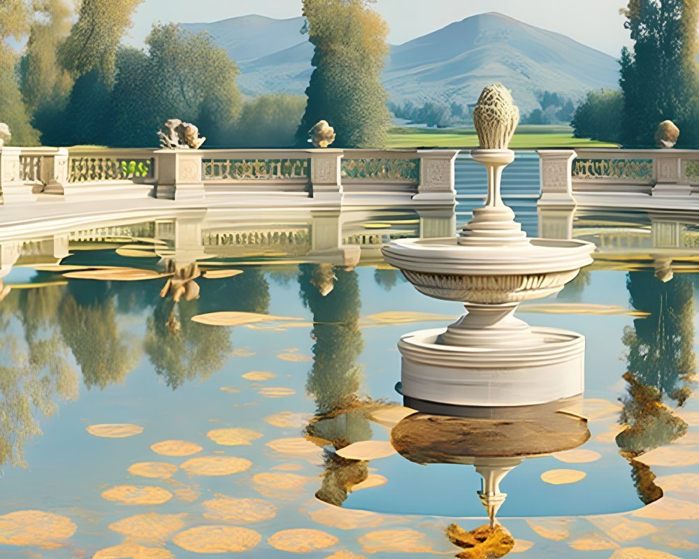 Tranquil garden scene with reflective pond and classical elements