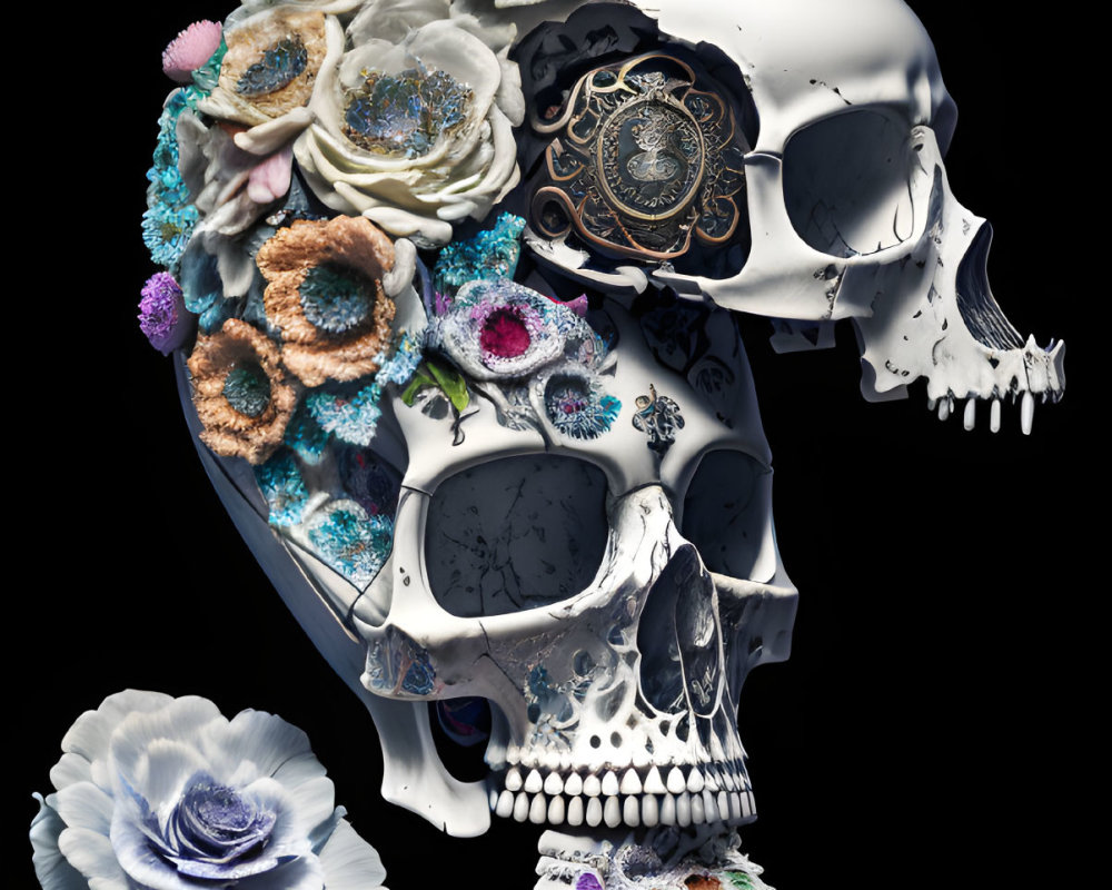 Skull with flowers, clock parts, and filigree symbolizing life, time, and mortality