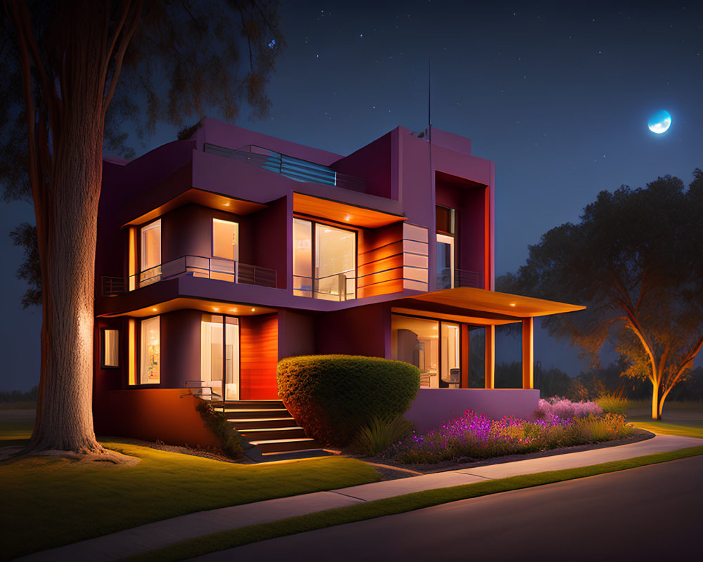 Modern two-story house with large windows, flat roof, and landscaped gardens at twilight