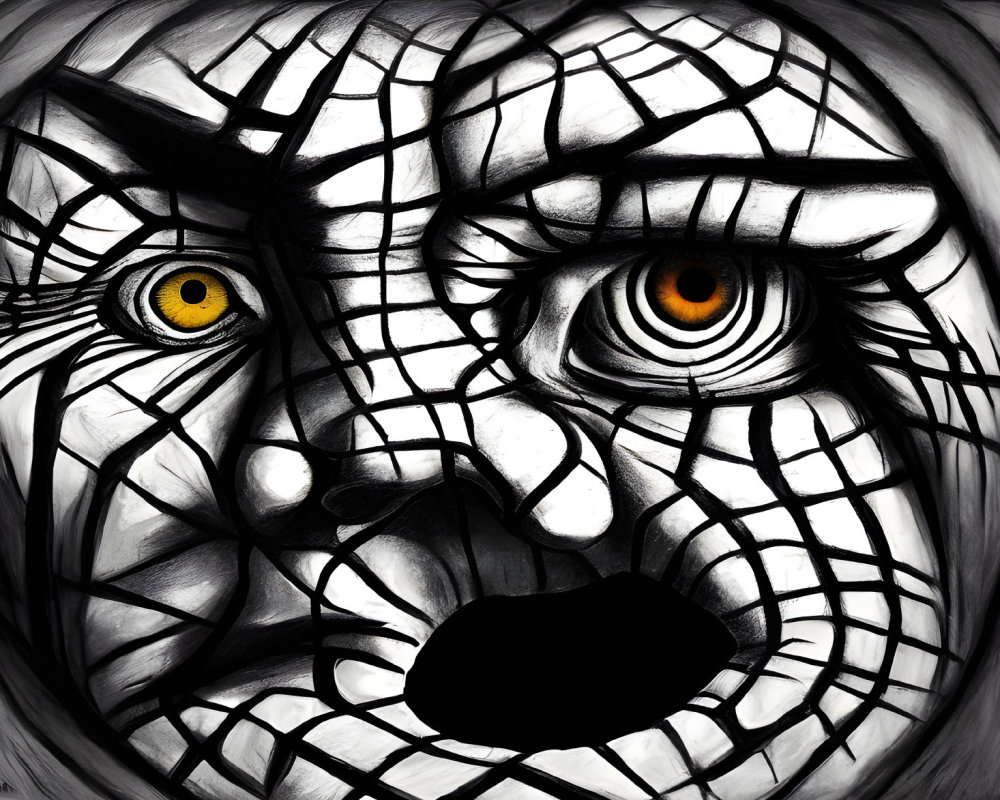 Abstract black and white painting of cracked face with yellow eyes