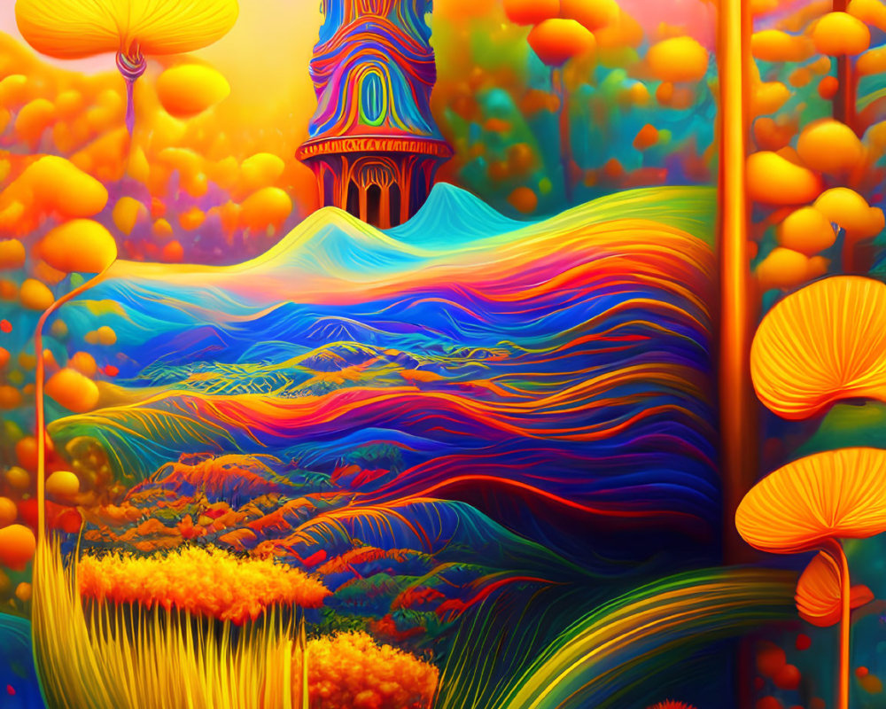 Colorful landscape with tower, rolling hills, and stylized trees under vibrant sky