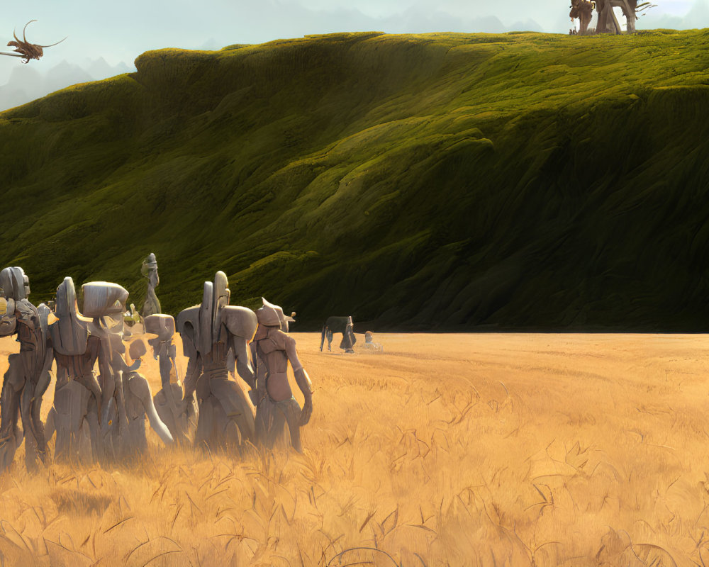 Futuristic soldiers in white armor in golden field with flying creature