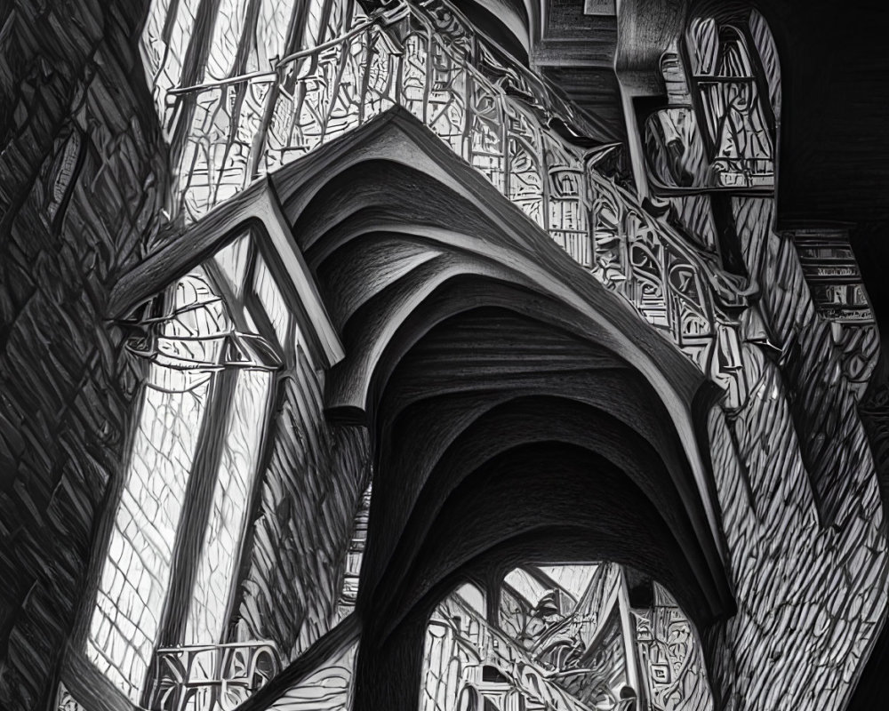 Monochromatic interior architecture with intricate patterns and Escher-like illusion
