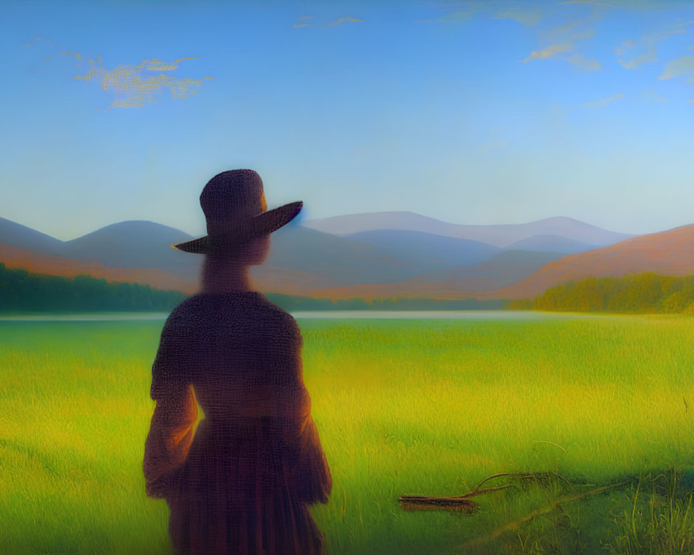 Person in wide-brimmed hat gazes at misty mountains in field