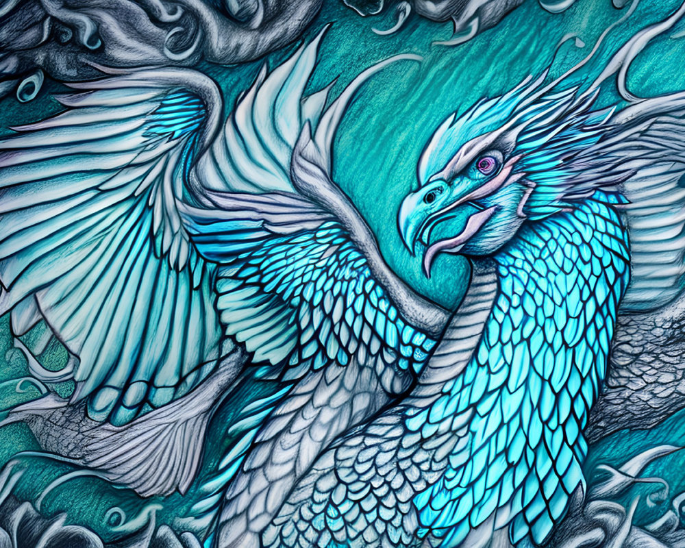 Detailed Blue Dragon Drawing with Spread Wings and Swirling Patterns