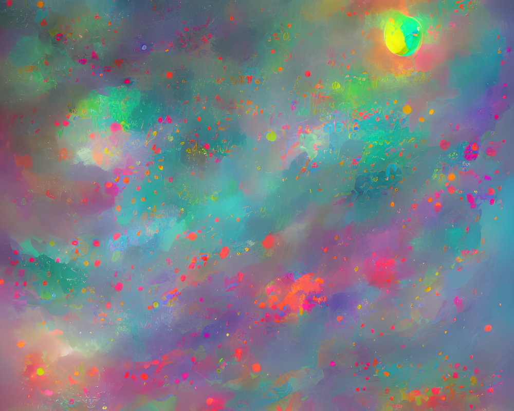 Colorful Abstract Cosmic Scene with Bright Speckles and Sun-like Orb