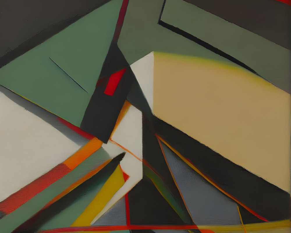 Geometric Abstract Painting with Sharp Angles and Intersecting Lines in Muted Palette