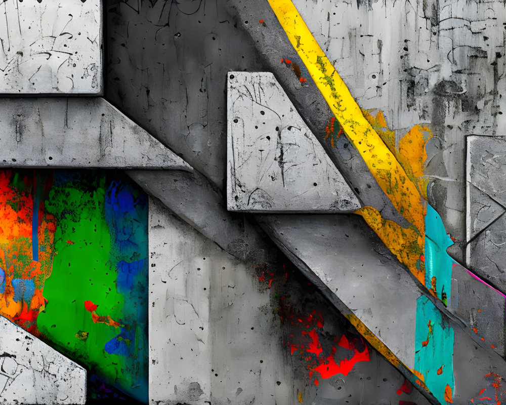 Abstract textured image of concrete wall with geometric shapes and vibrant paint splashes