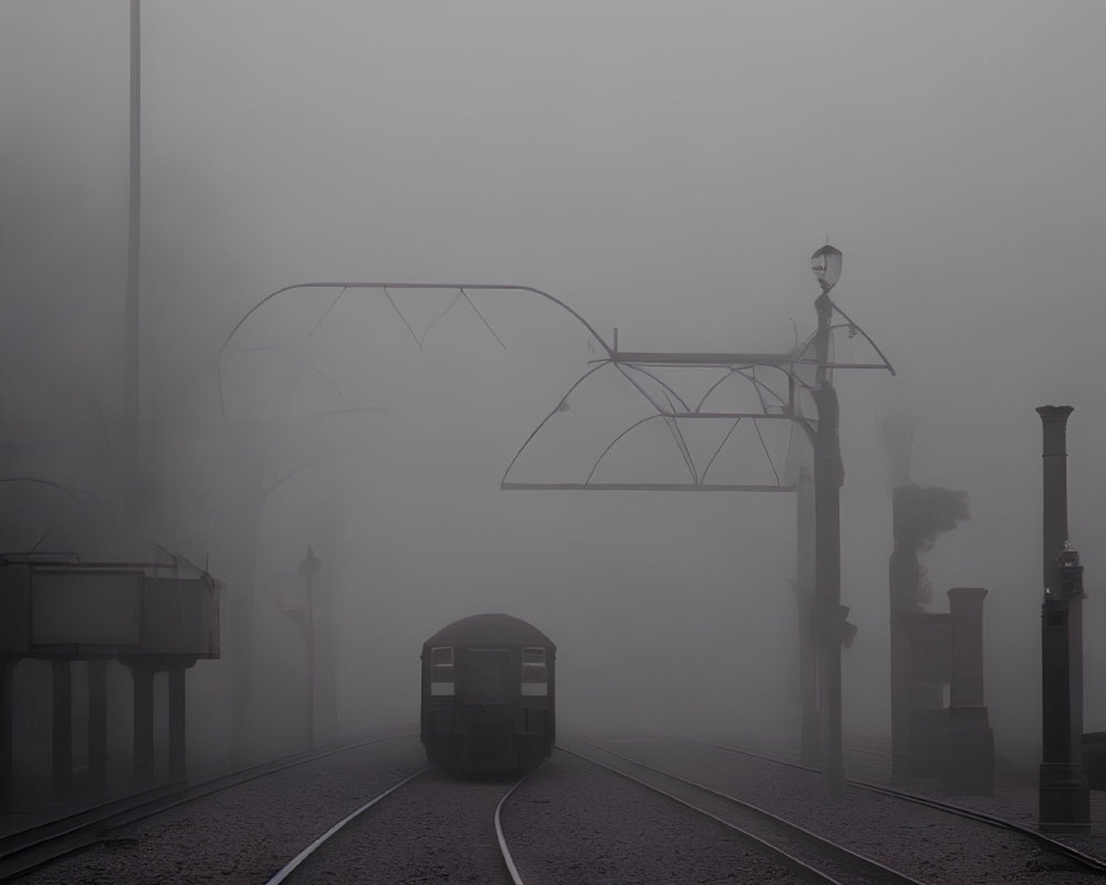 Vintage-style lampposts and foggy train station with approaching train