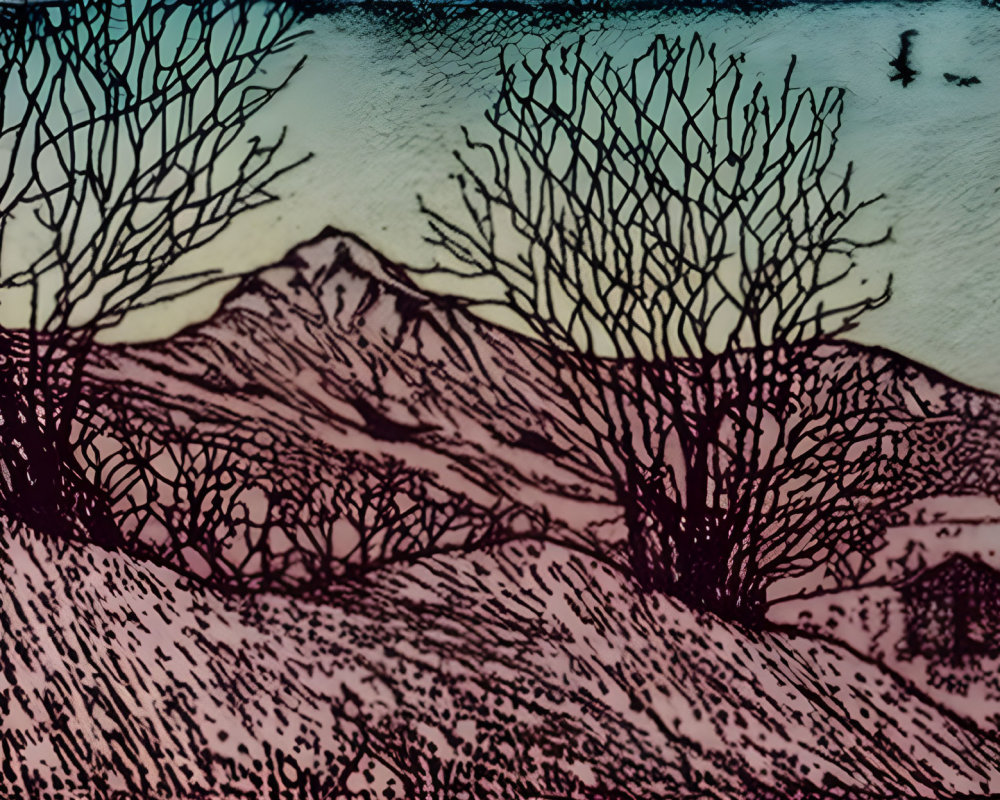Rural Scene with Bare Trees and Rolling Hills in Ink-Like Artwork