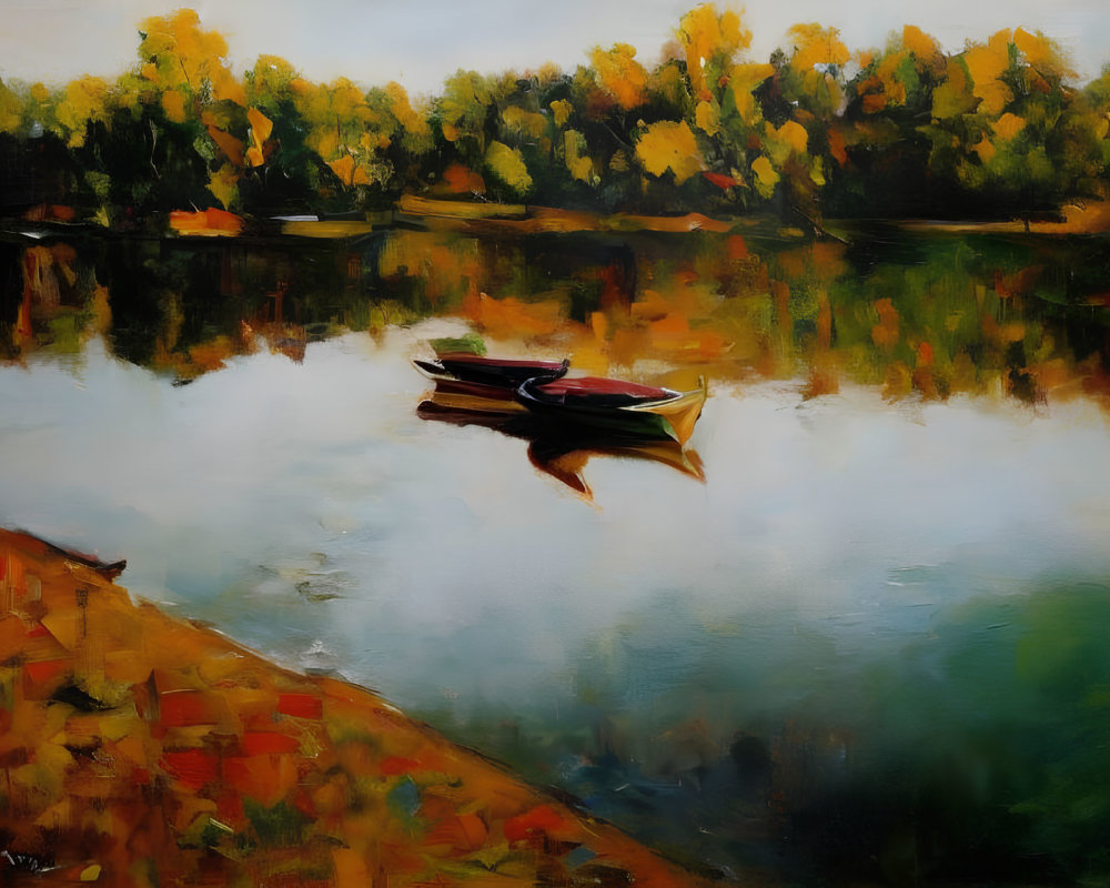 Tranquil oil painting of autumn lake with moored boats