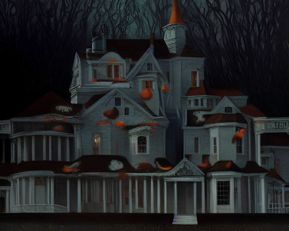 Spooky haunted house with glowing orange windows and spire on dark night landscape