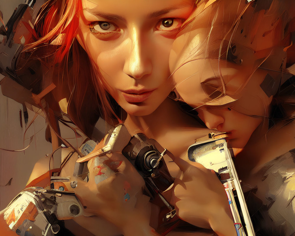 Two Reddish-Haired Female Cyborgs with Intense Gaze and Mechanical Parts on Abstract Background