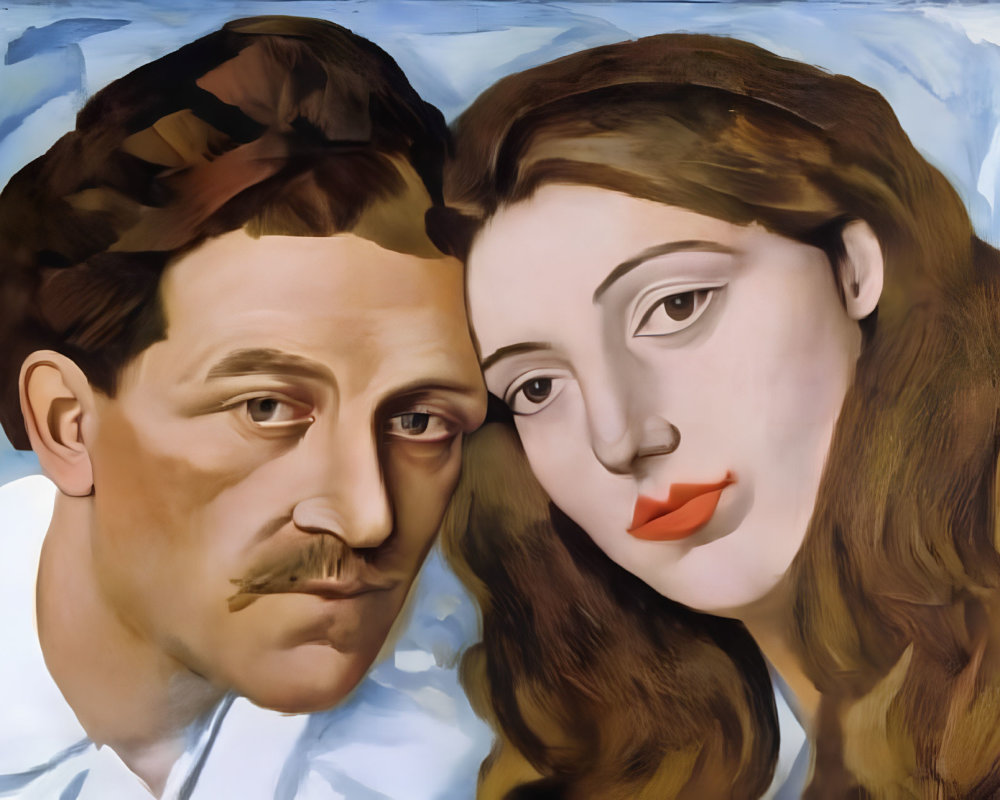 Surrealistic painting of man and woman's faces with exaggerated features on blue background
