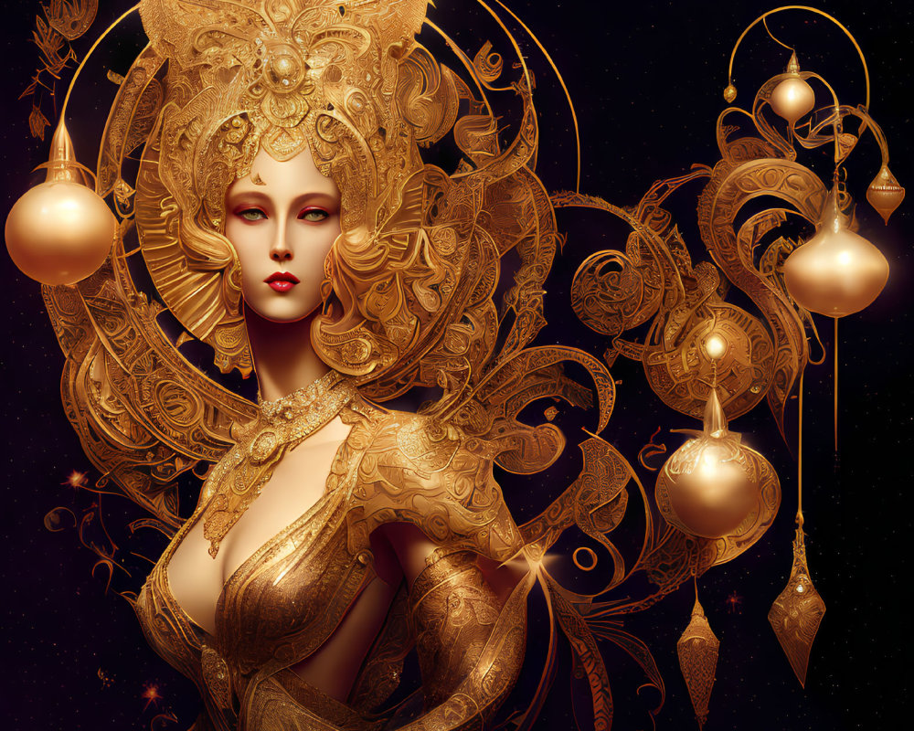 Regal figure in golden attire with celestial ornaments on dark background