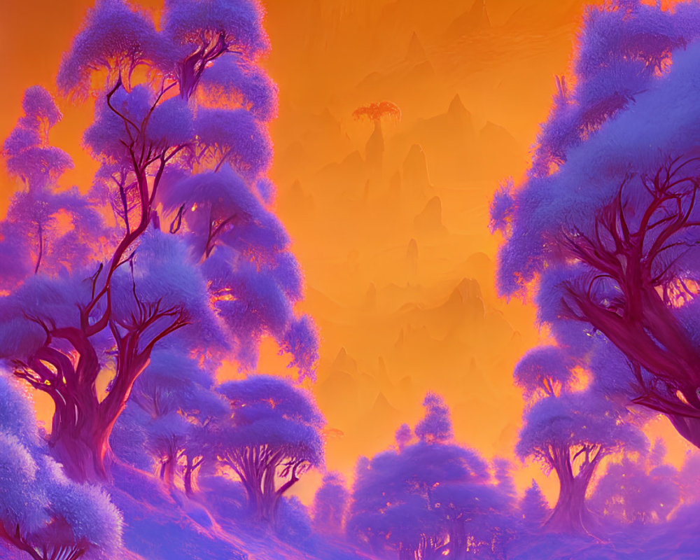 Vibrant purple and orange fantasy landscape with blue trees and red sun
