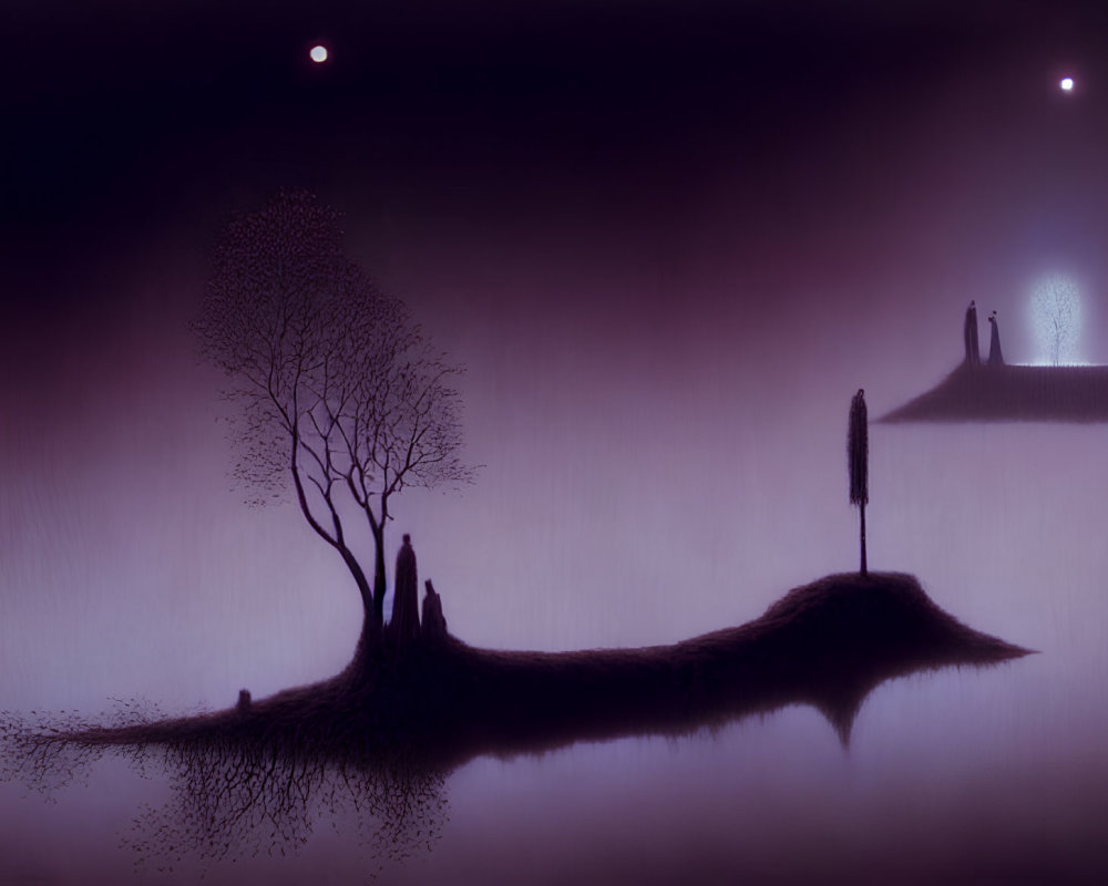 Purple-hued surreal landscape with leafless tree, figure on land bridge, and two moons