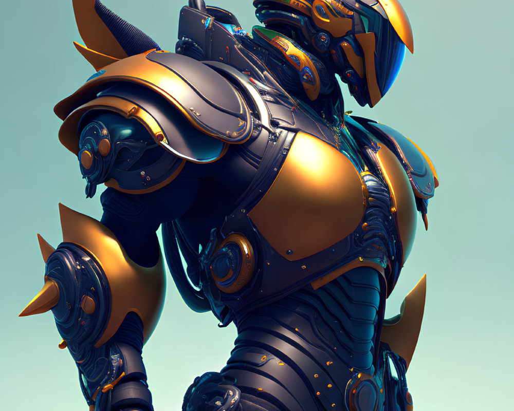 Detailed Futuristic Warrior in Blue and Gold Armor